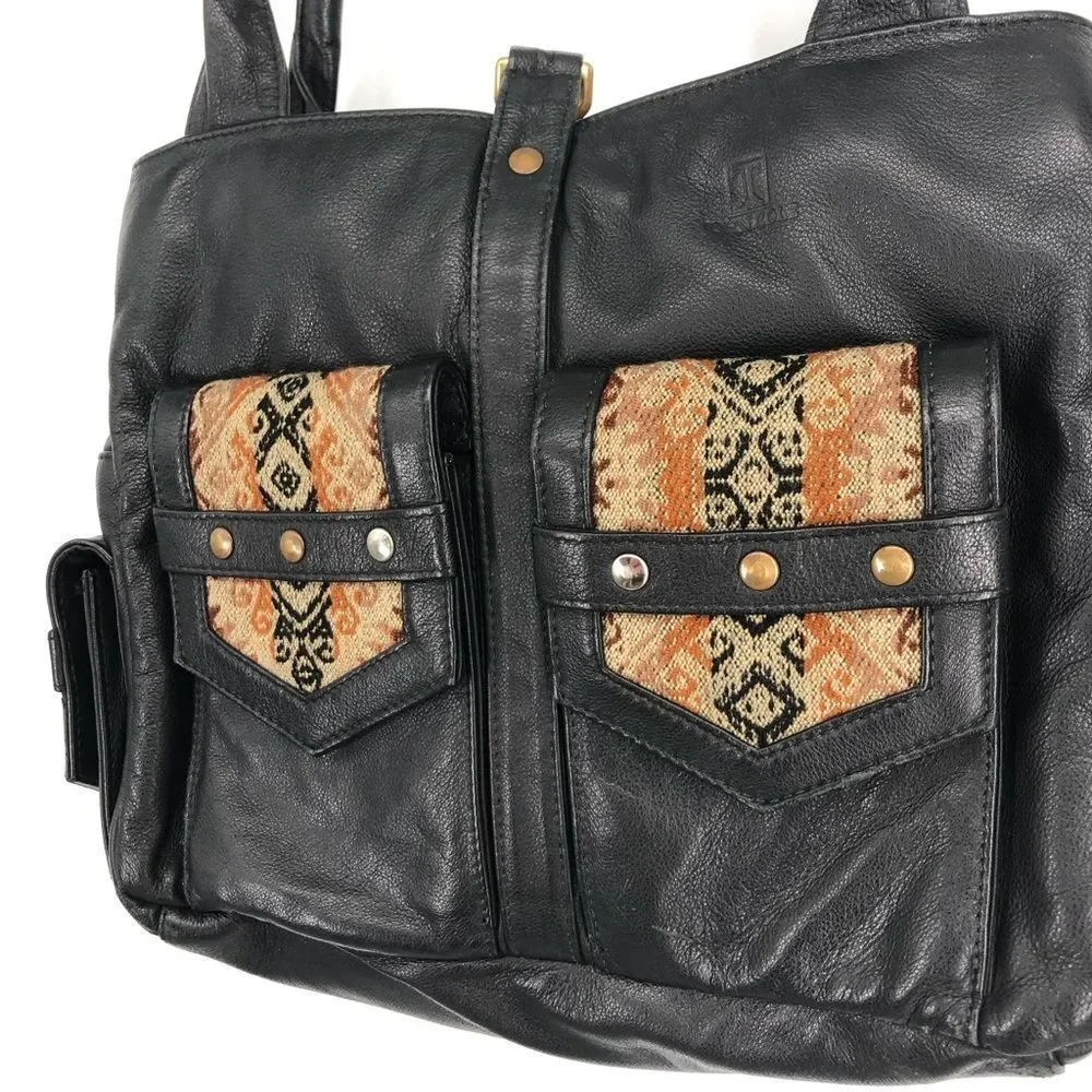 John Cole Satchel Bag‎ Leather Woven Tapestry Bag Black Zip Snaps Boho Chic